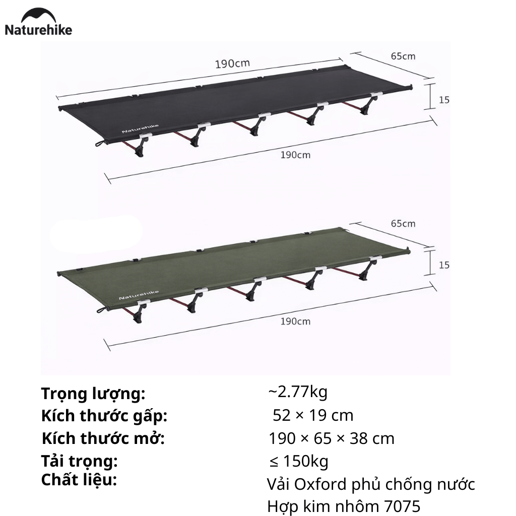 Giường Xếp Du Lịch Naturehike NH19JJ006 Gấp Gọn – Giường Camping Nhôm Siêu Nhẹ 190cm Chịu Lực Tốt