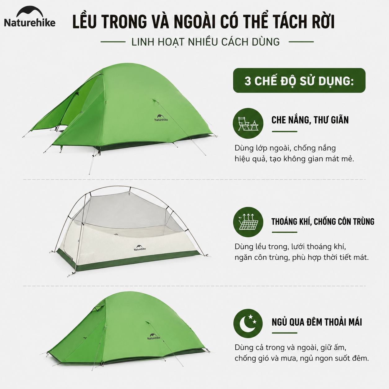 Naturehike CNK2450WS03 - Lều Cắm Trại Siêu Nhẹ 1.9kg dùng cho 2-3 người, Lều Dã Ngoại 2 Lớp Chống Mưa Gió Cloud Up Base 2-3-Person Ultralight Backpacking Tent