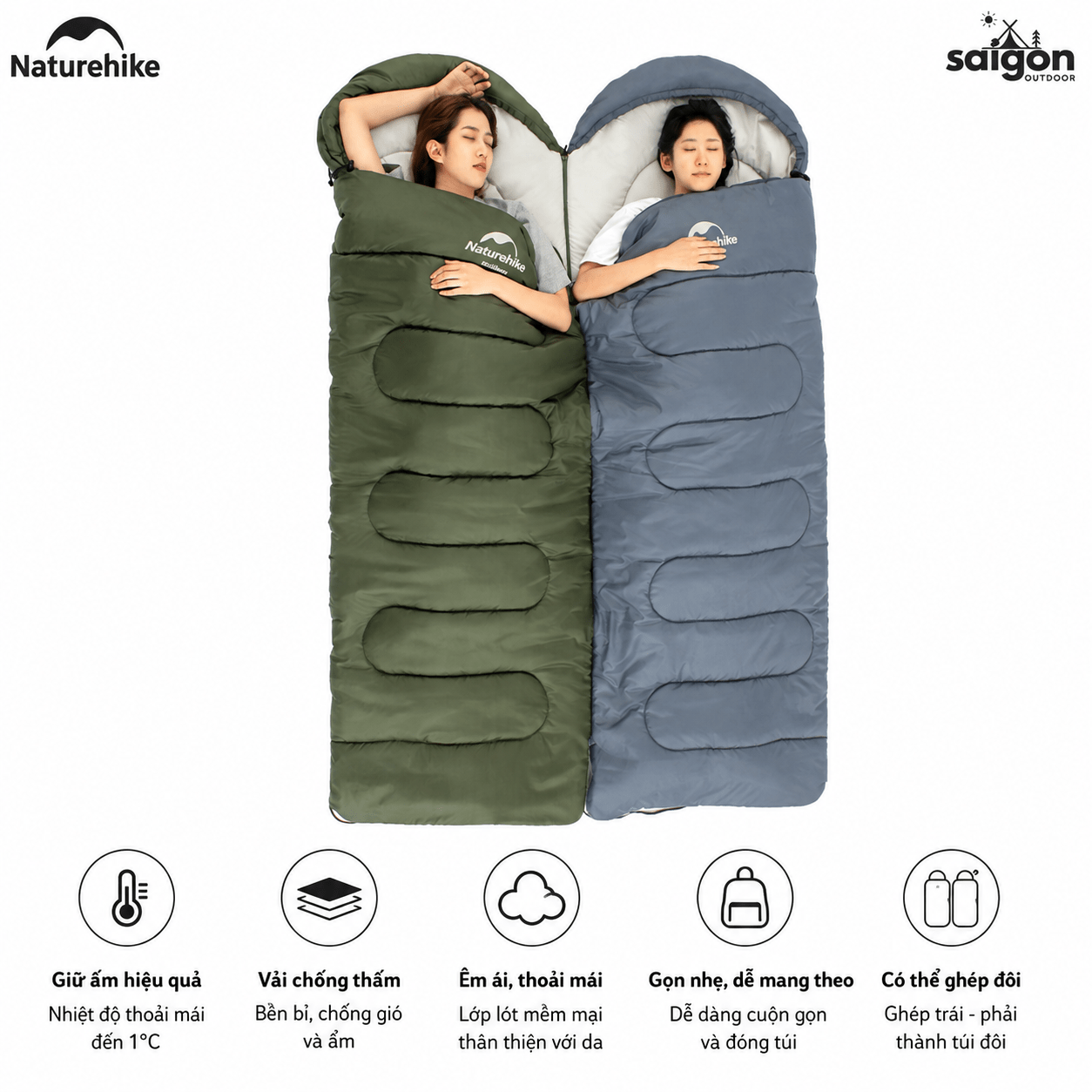 Túi Ngủ Naturehike NH21MSD08 Có Mũ 3 Mùa Y150 Chống Nước Ghép Đôi Túi Ngủ Camping Dã Ngoại