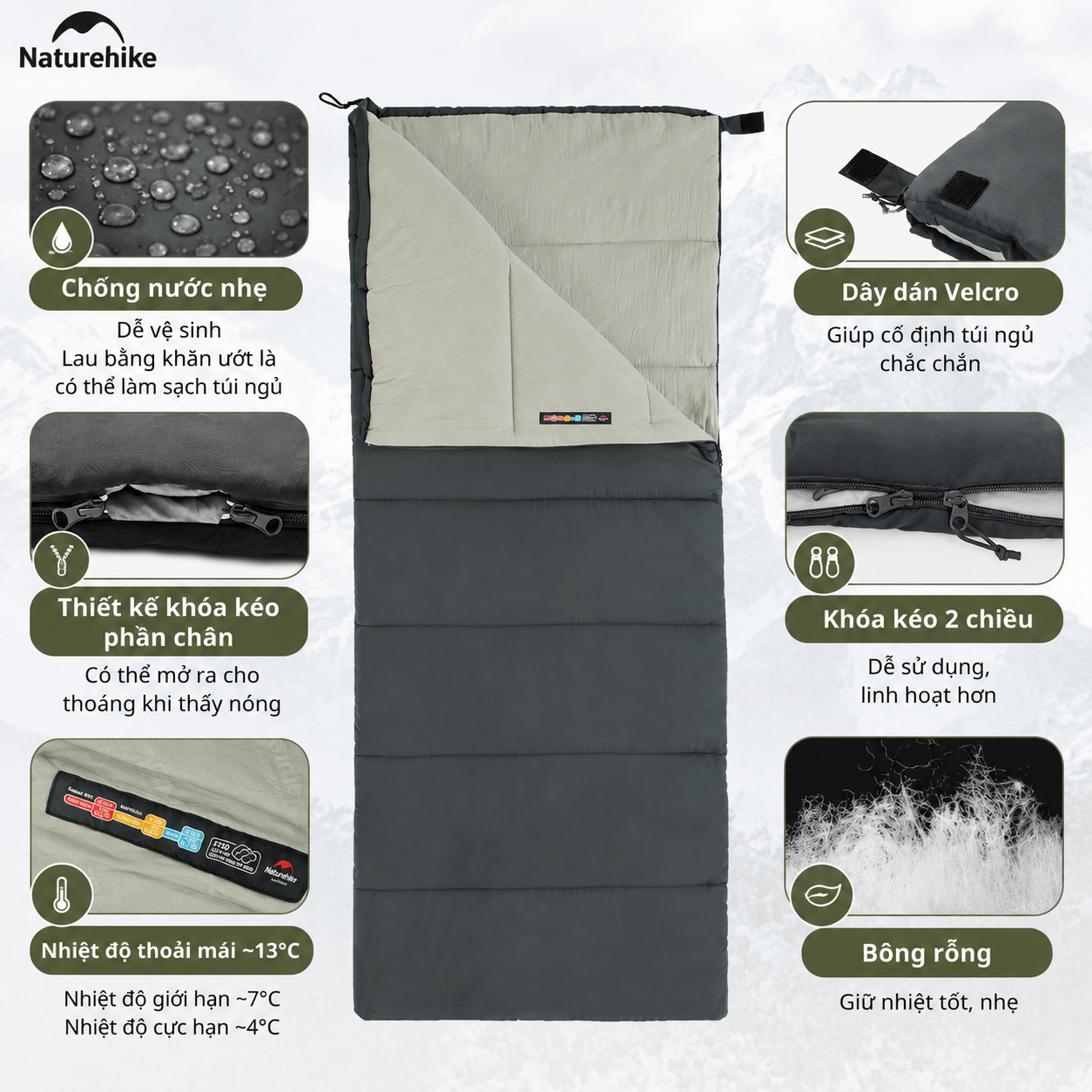 Túi Ngủ Naturehike Cotton F150 Giặt Máy Chống Nước Túi Ngủ Dã Ngoại 4 Mùa NH22MSD05