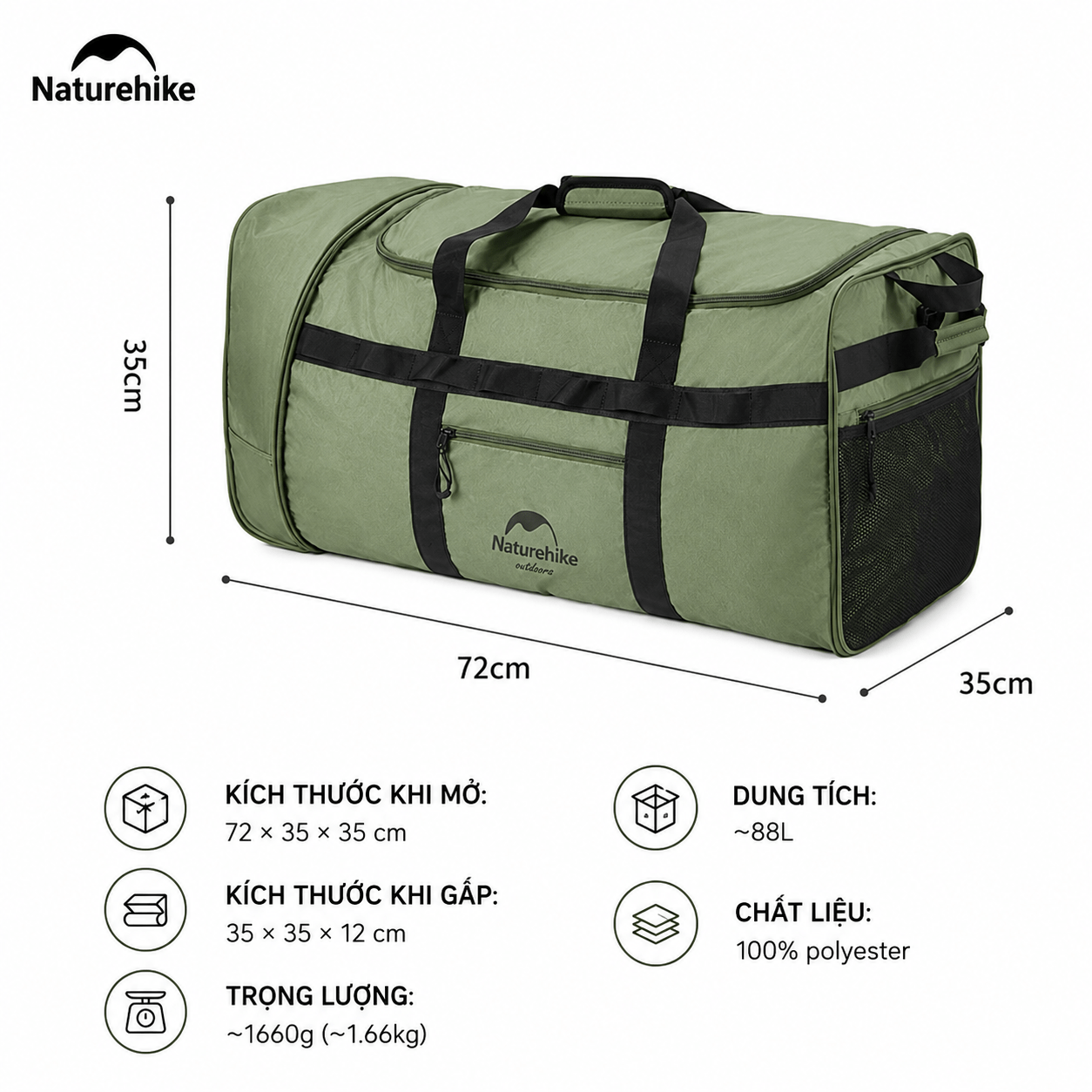 Túi Du Lịch Kéo Naturehike NH21LX003 88L Có Bánh Xe Gấp Gọn Chống Nước Túi Xách Du Lịch Cao Cấp