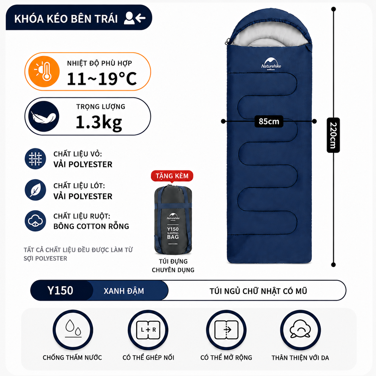 Túi Ngủ Naturehike NH21MSD08 Có Mũ 3 Mùa Y150 Chống Nước Ghép Đôi Túi Ngủ Camping Dã Ngoại