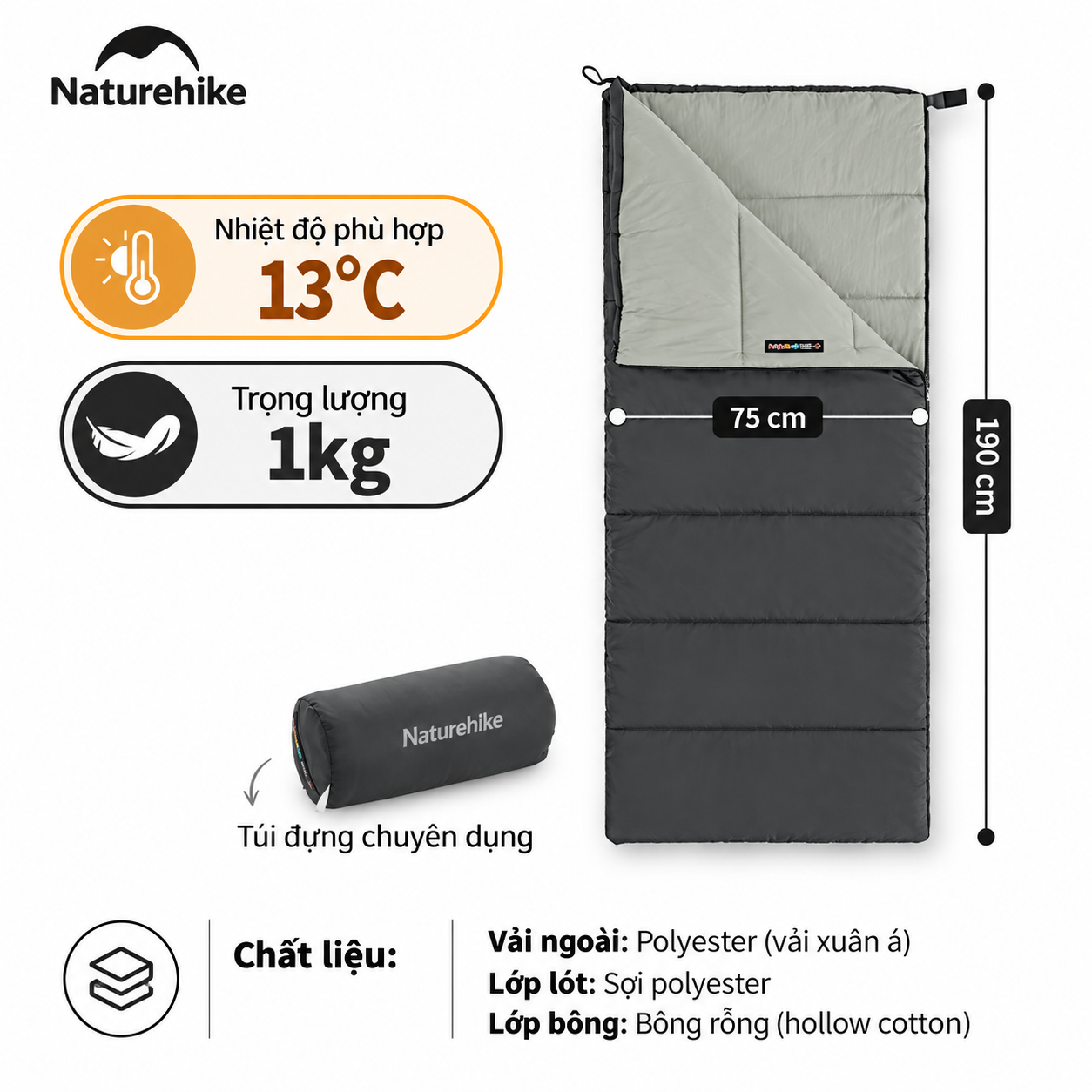 Túi Ngủ Naturehike Cotton F150 Giặt Máy Chống Nước Túi Ngủ Dã Ngoại 4 Mùa NH22MSD05