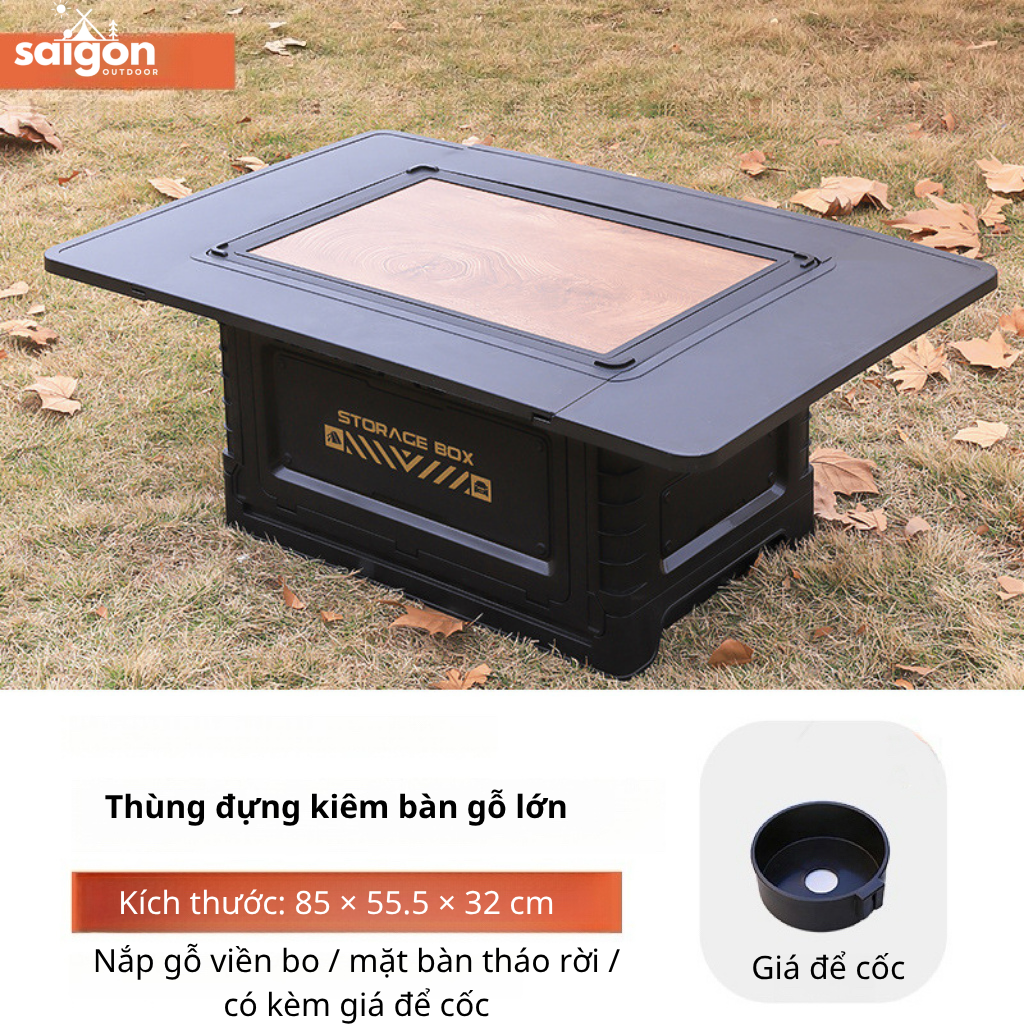 Thùng Đựng Đồ Camping Gấp Gọn 60L Kiêm Bàn Gỗ Đa Năng – Hộp Đựng Đồ Ô Tô Du Lịch Có Giá Đỡ Cốc