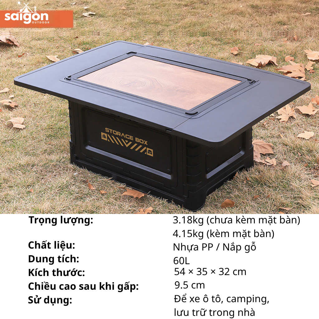 Thùng Đựng Đồ Camping Gấp Gọn 60L Kiêm Bàn Gỗ Đa Năng – Hộp Đựng Đồ Ô Tô Du Lịch Có Giá Đỡ Cốc
