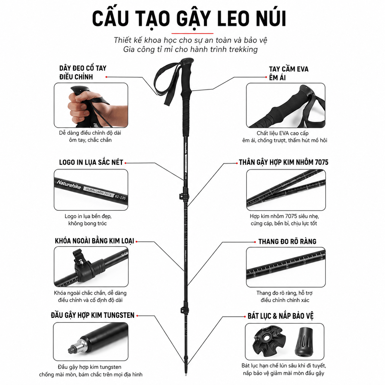 Gậy Leo Núi Naturehike ST03 Nhôm 7075 Siêu Nhẹ Gấp Gọn Chống Trượt Gậy Trekking Dã Ngoại NH17D017-D