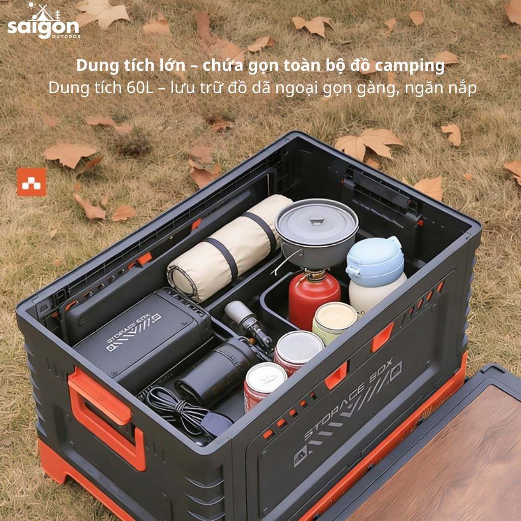 Thùng Đựng Đồ Camping Gấp Gọn 60L Kiêm Bàn Gỗ Đa Năng – Hộp Đựng Đồ Ô Tô Du Lịch Có Giá Đỡ Cốc