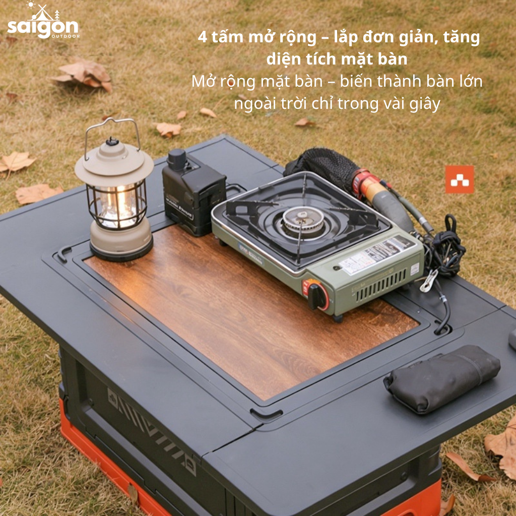 Thùng Đựng Đồ Camping Gấp Gọn 60L Kiêm Bàn Gỗ Đa Năng – Hộp Đựng Đồ Ô Tô Du Lịch Có Giá Đỡ Cốc