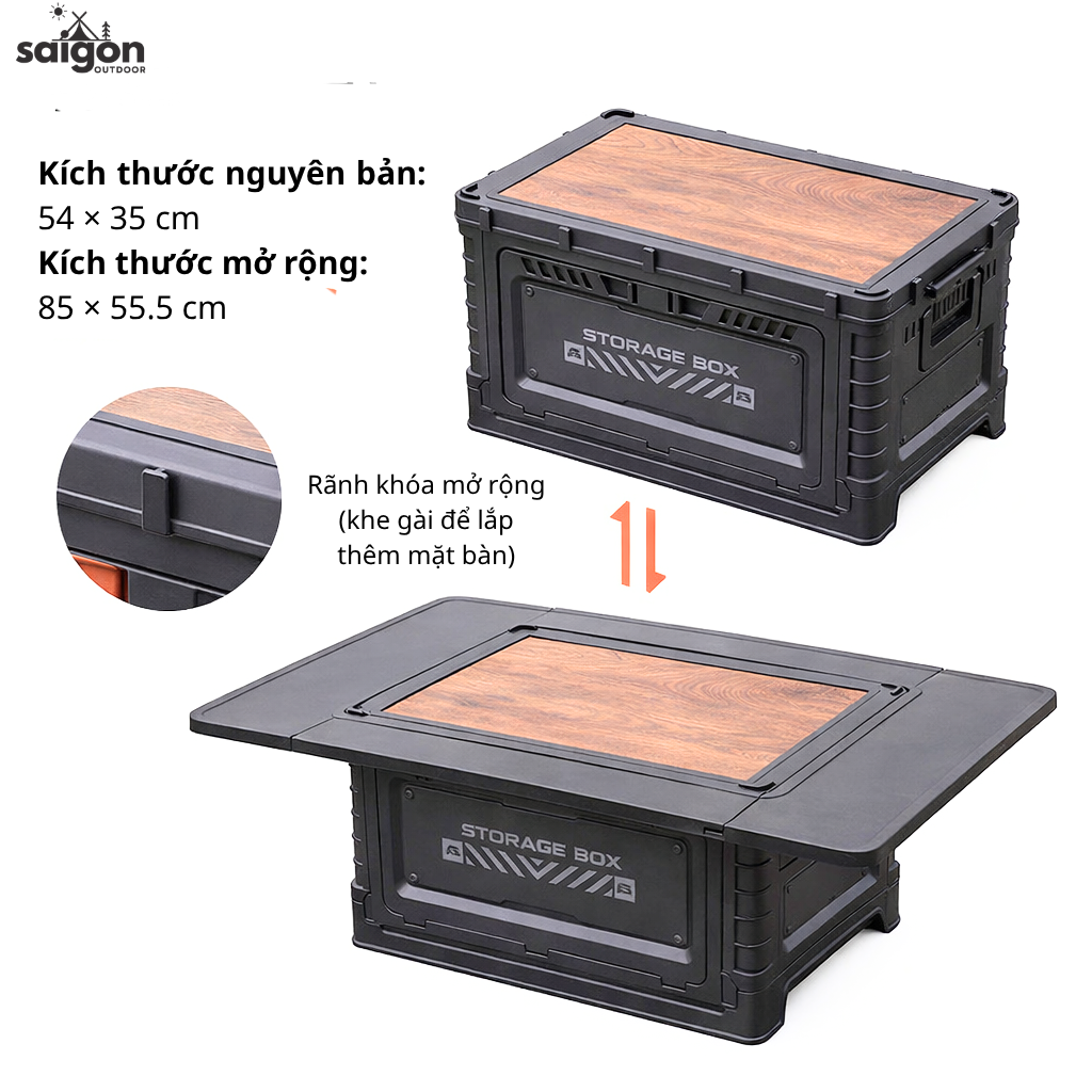 Thùng Đựng Đồ Camping Gấp Gọn 60L Kiêm Bàn Gỗ Đa Năng – Hộp Đựng Đồ Ô Tô Du Lịch Có Giá Đỡ Cốc