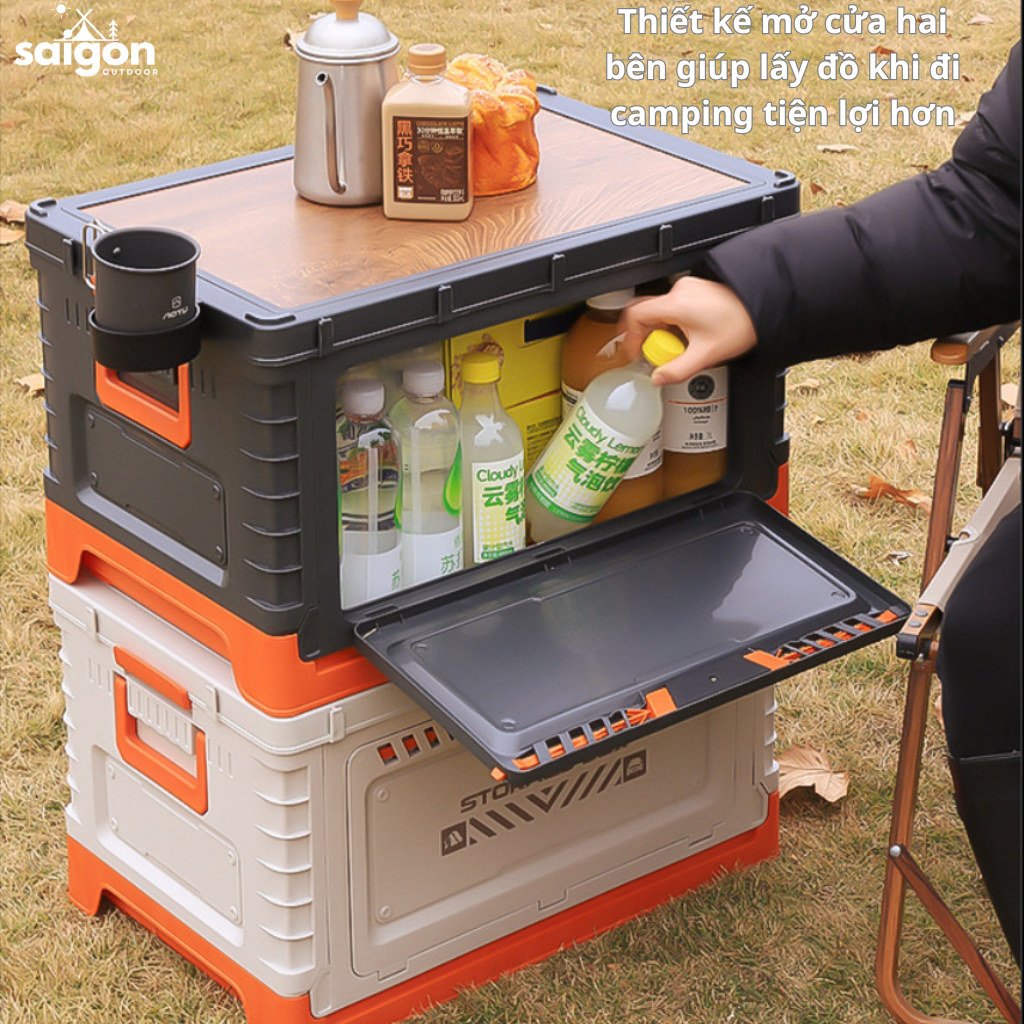 Thùng Đựng Đồ Camping Gấp Gọn 60L Kiêm Bàn Gỗ Đa Năng – Hộp Đựng Đồ Ô Tô Du Lịch Có Giá Đỡ Cốc