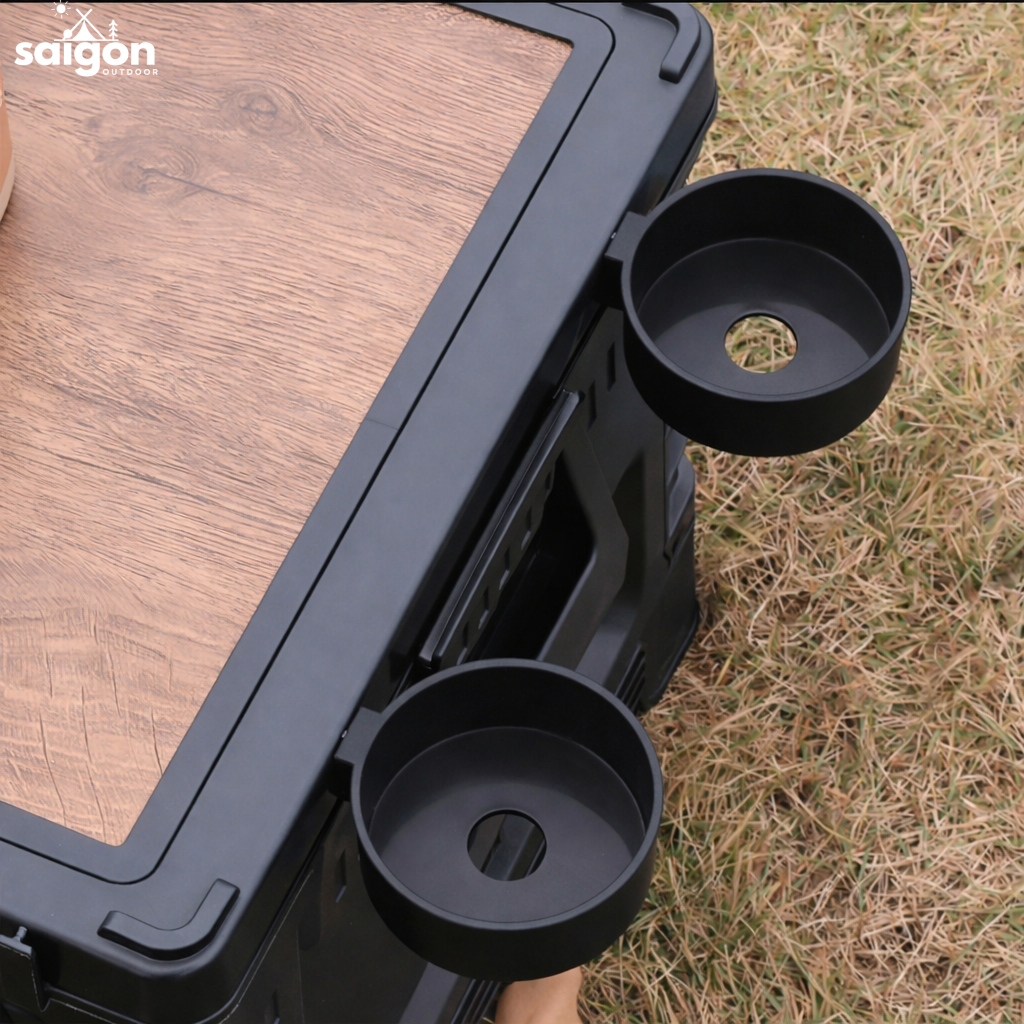 Thùng Đựng Đồ Camping Gấp Gọn 60L Kiêm Bàn Gỗ Đa Năng – Hộp Đựng Đồ Ô Tô Du Lịch Có Giá Đỡ Cốc