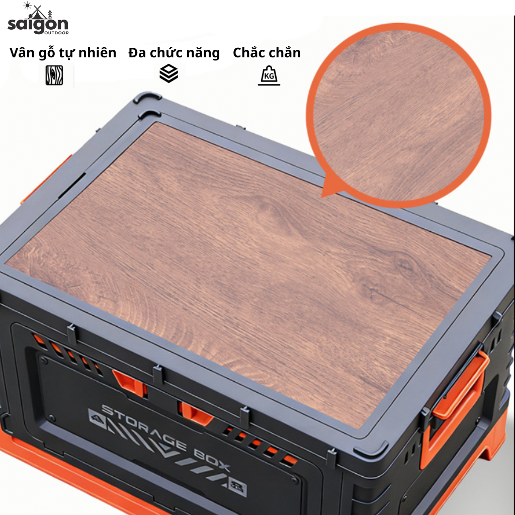 Thùng Đựng Đồ Camping Gấp Gọn 60L Kiêm Bàn Gỗ Đa Năng – Hộp Đựng Đồ Ô Tô Du Lịch Có Giá Đỡ Cốc