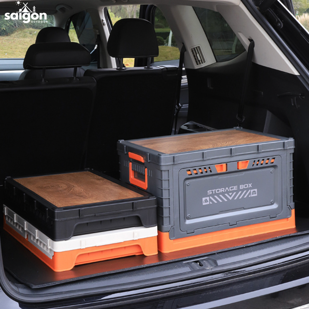 Thùng Đựng Đồ Camping Gấp Gọn 60L Kiêm Bàn Gỗ Đa Năng – Hộp Đựng Đồ Ô Tô Du Lịch Có Giá Đỡ Cốc