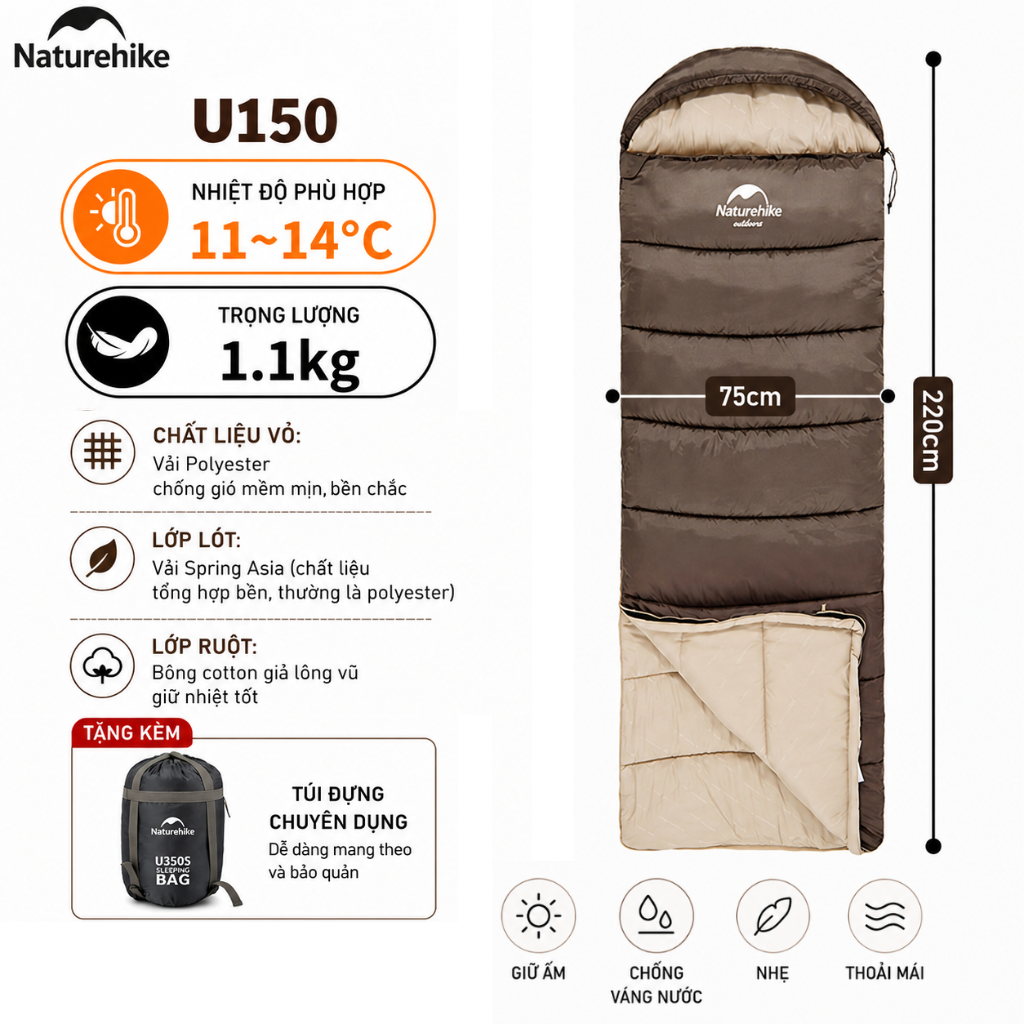 Túi Ngủ Naturehike Có Mũ Giữ Nhiệt Tốt - Túi Ngủ Dã Ngoại, Leo Núi, Chống Lạnh Cao Cấp NH20MSD07