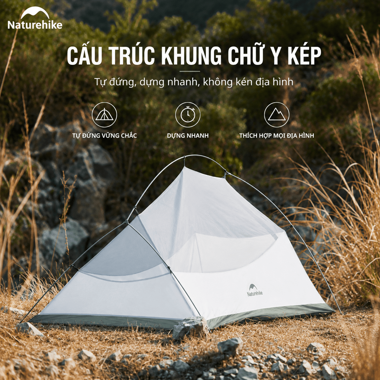 Naturehike CNK2450WS03 - Lều Cắm Trại Siêu Nhẹ 1.9kg dùng cho 2-3 người, Lều Dã Ngoại 2 Lớp Chống Mưa Gió Cloud Up Base 2-3-Person Ultralight Backpacking Tent