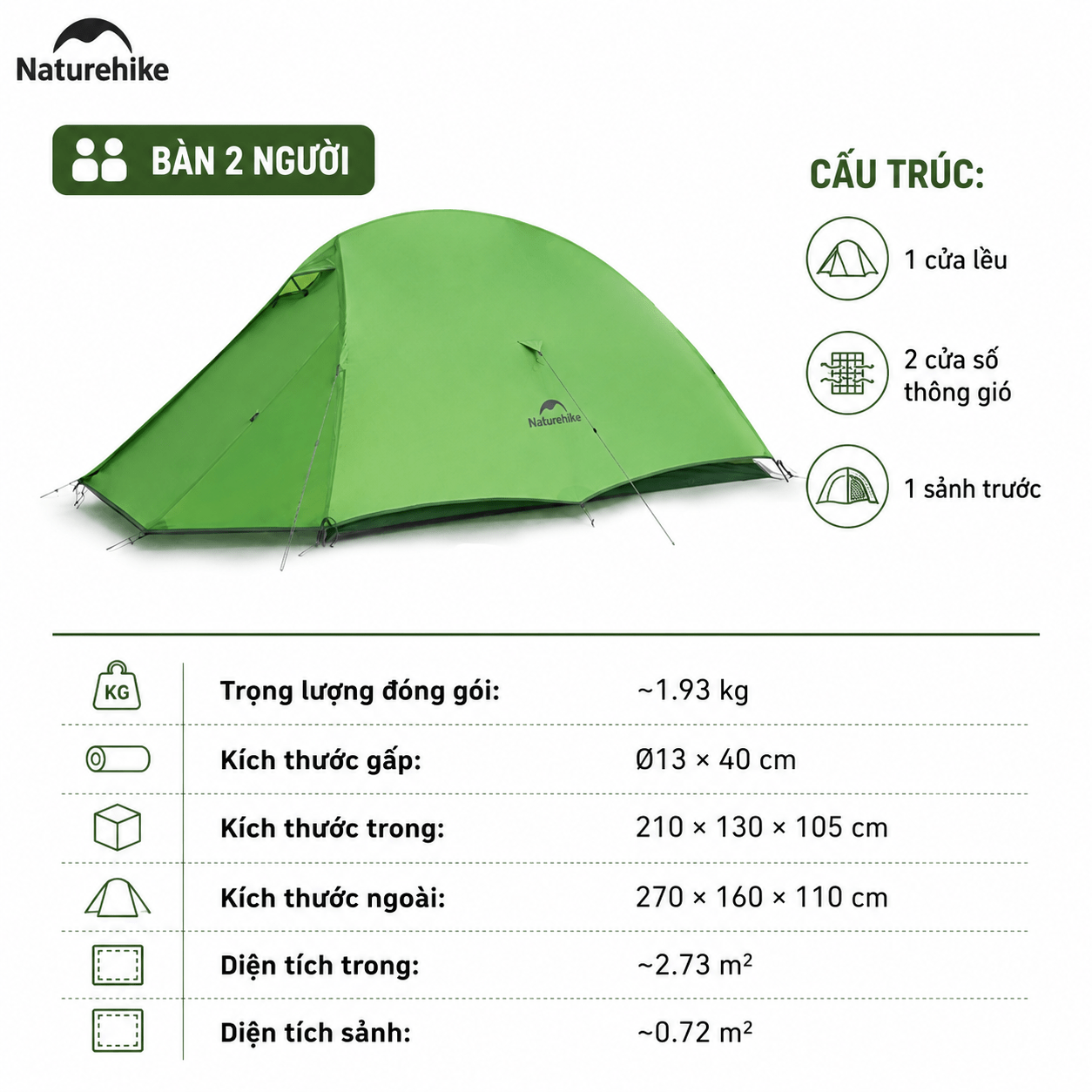 Naturehike CNK2450WS03 - Lều Cắm Trại Siêu Nhẹ 1.9kg dùng cho 2-3 người, Lều Dã Ngoại 2 Lớp Chống Mưa Gió Cloud Up Base 2-3-Person Ultralight Backpacking Tent