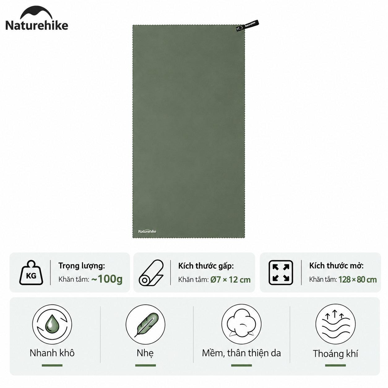 Khăn Tắm Thể Thao Naturehike NH19Y001-J, NH19Y002 Microfiber Nhanh Khô Siêu Nhẹ Khăn Du Lịch Camping
