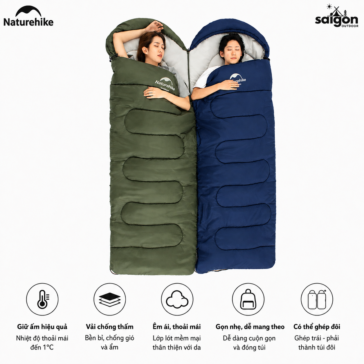 Túi Ngủ Naturehike NH21MSD08 Có Mũ 3 Mùa Y150 Chống Nước Ghép Đôi Túi Ngủ Camping Dã Ngoại
