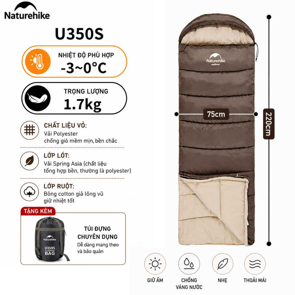Túi Ngủ Naturehike Có Mũ Giữ Nhiệt Tốt - Túi Ngủ Dã Ngoại, Leo Núi, Chống Lạnh Cao Cấp NH20MSD07