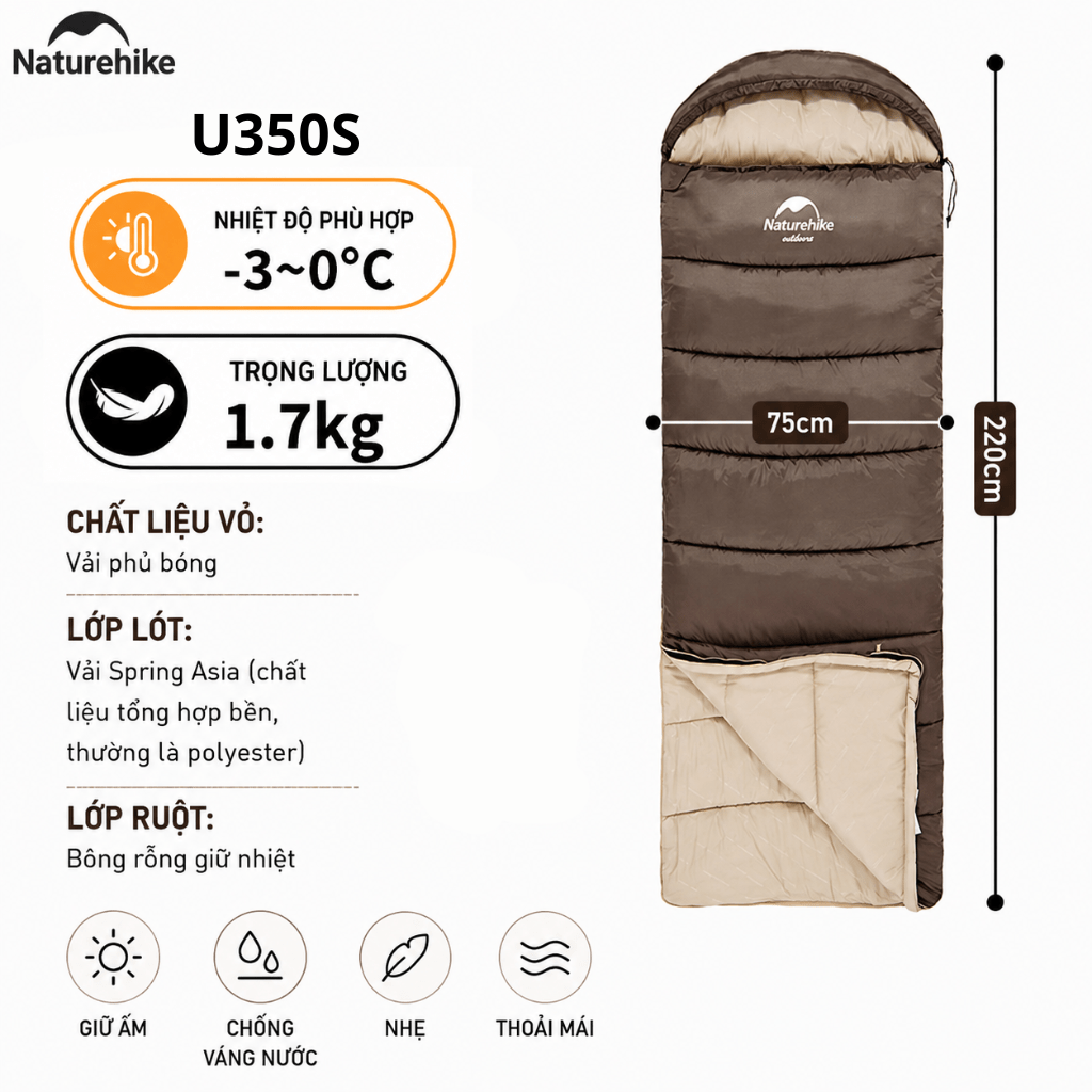 Túi Ngủ Naturehike NH20MSD07 Có Mũ Giữ Nhiệt Tốt - Túi Ngủ Dã Ngoại, Leo Núi, Chống Lạnh Cao Cấp
