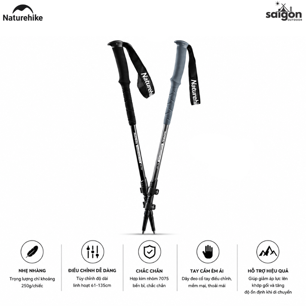 Gậy Leo Núi Naturehike ST03 Nhôm 7075 Siêu Nhẹ Gấp Gọn Chống Trượt Gậy Trekking Dã Ngoại NH17D017-D