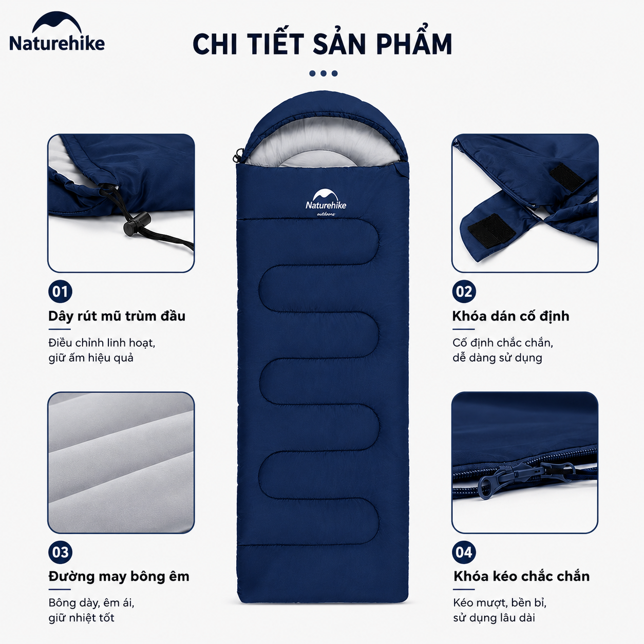 Túi Ngủ Naturehike NH21MSD08 Có Mũ 3 Mùa Y150 Chống Nước Ghép Đôi Túi Ngủ Camping Dã Ngoại