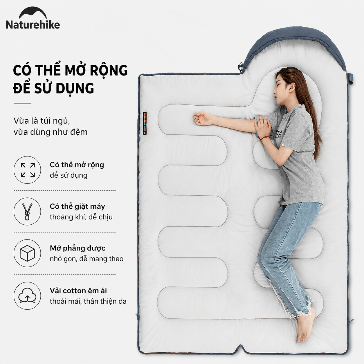 Túi Ngủ Naturehike NH21MSD08 Có Mũ 3 Mùa Y150 Chống Nước Ghép Đôi Túi Ngủ Camping Dã Ngoại