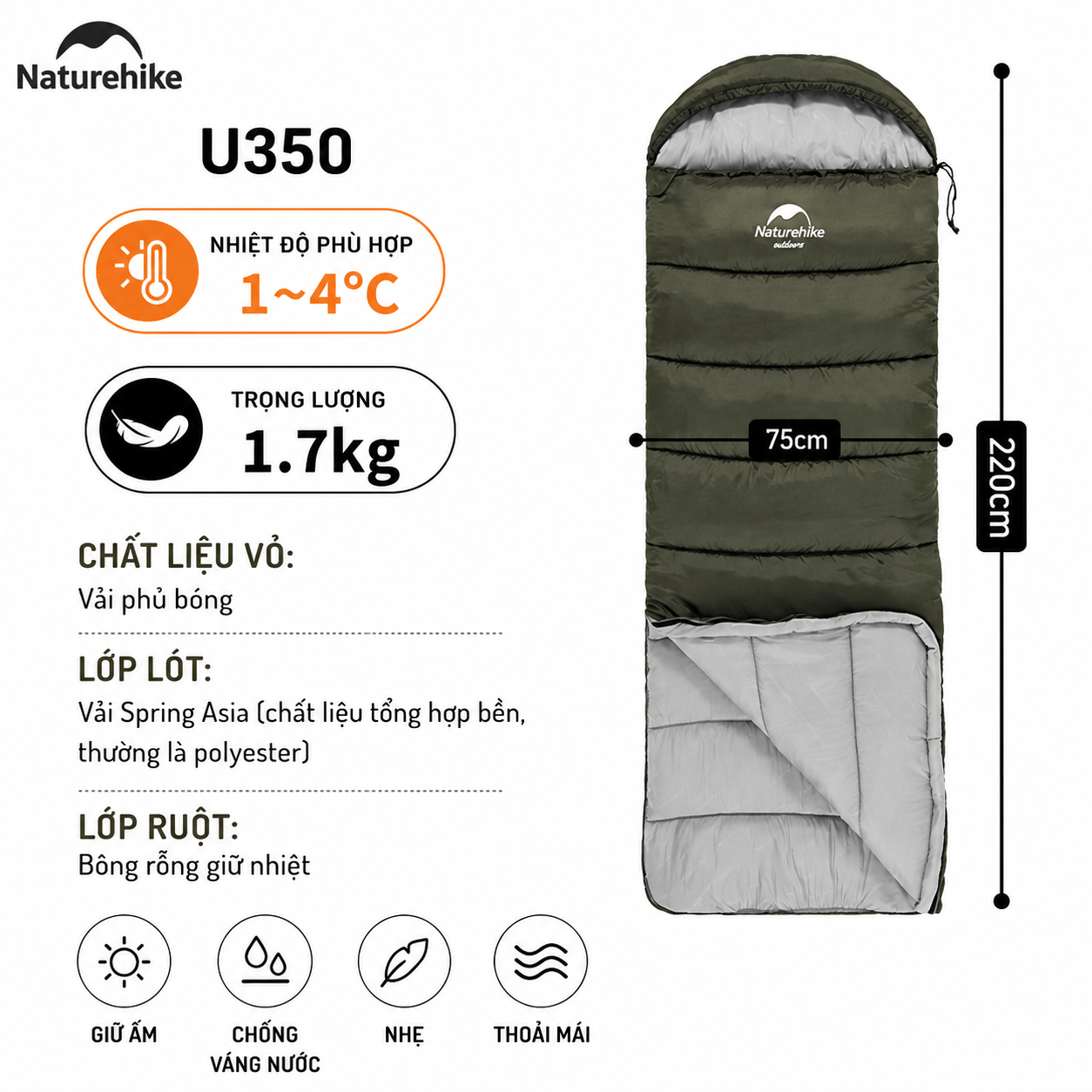 Túi Ngủ Naturehike NH20MSD07 Có Mũ Giữ Nhiệt Tốt - Túi Ngủ Dã Ngoại, Leo Núi, Chống Lạnh Cao Cấp