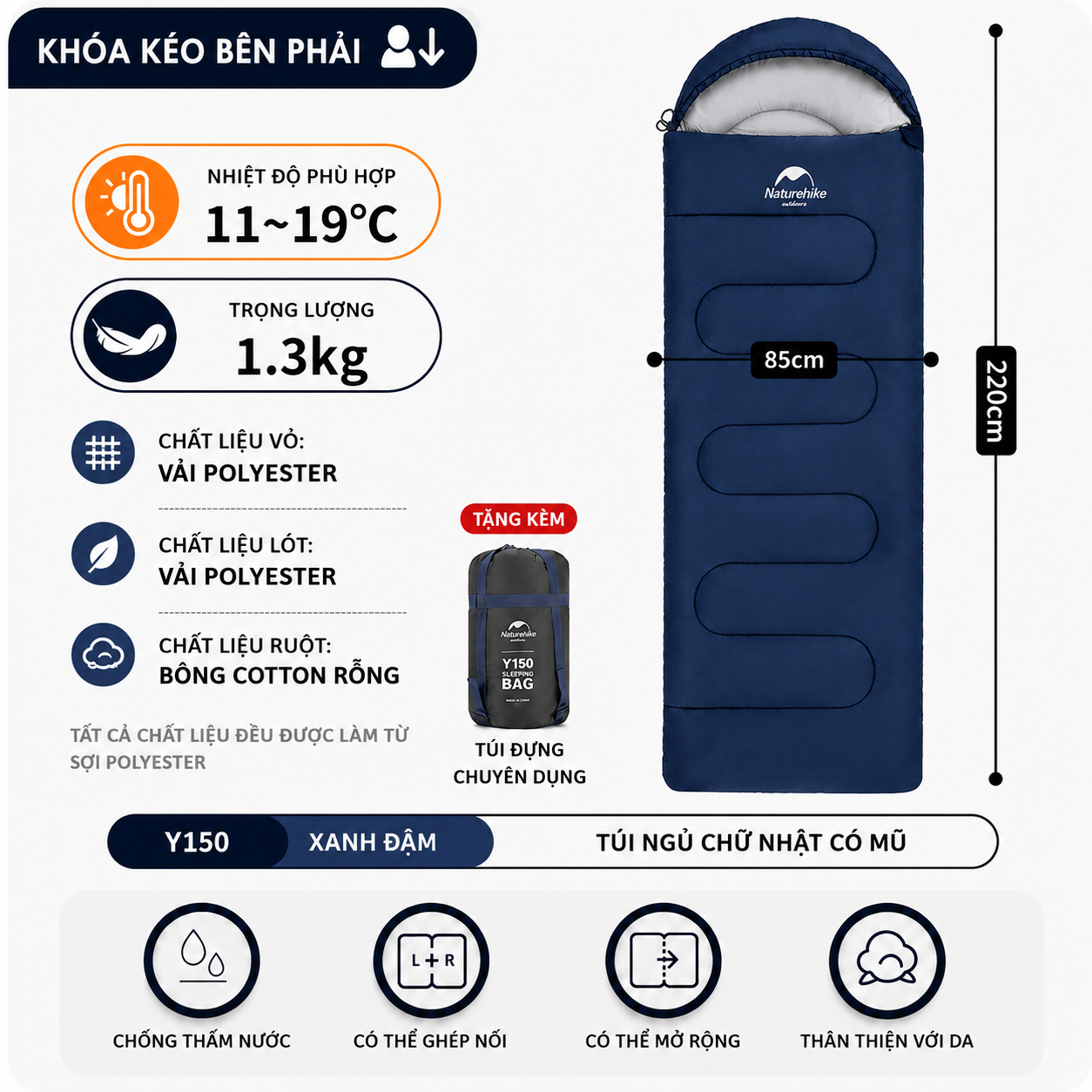 Túi Ngủ Naturehike NH21MSD08 Có Mũ 3 Mùa Y150 Chống Nước Ghép Đôi Túi Ngủ Camping Dã Ngoại
