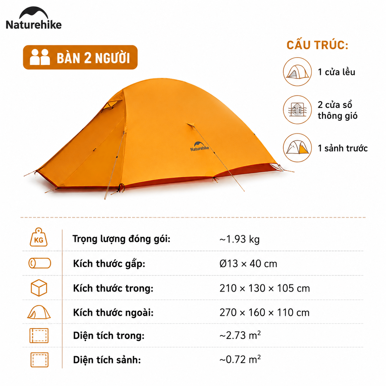 Naturehike CNK2450WS03 - Lều Cắm Trại Siêu Nhẹ 1.9kg dùng cho 2-3 người, Lều Dã Ngoại 2 Lớp Chống Mưa Gió Cloud Up Base 2-3-Person Ultralight Backpacking Tent