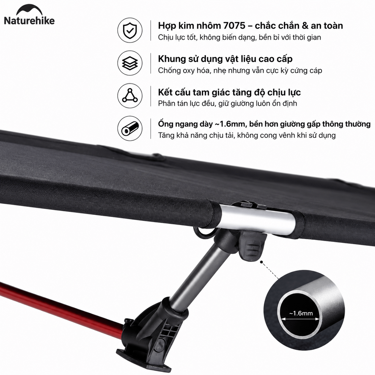 Giường Xếp Du Lịch Naturehike NH19JJ006 Gấp Gọn – Giường Camping Nhôm Siêu Nhẹ 190cm Chịu Lực Tốt