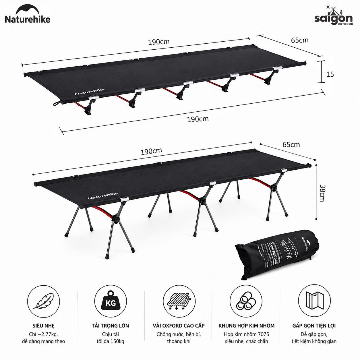 Giường Xếp Du Lịch Naturehike NH19JJ006 Gấp Gọn – Giường Camping Nhôm Siêu Nhẹ 190cm Chịu Lực Tốt