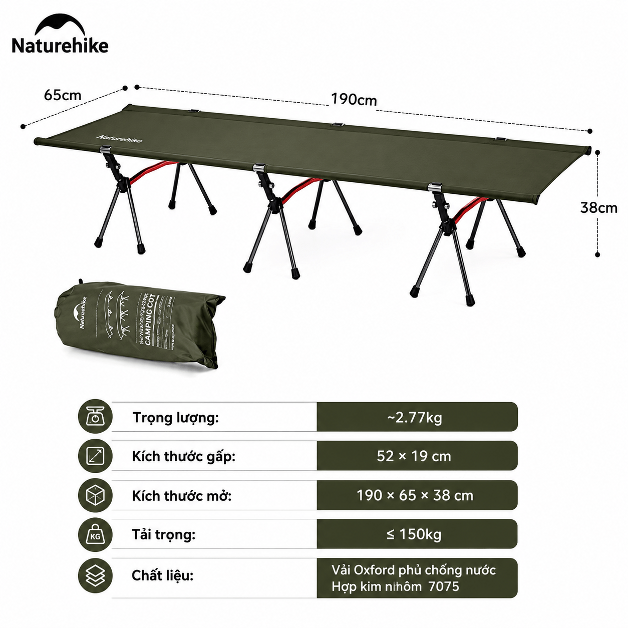 Giường Xếp Du Lịch Naturehike NH19JJ006 Gấp Gọn – Giường Camping Nhôm Siêu Nhẹ 190cm Chịu Lực Tốt