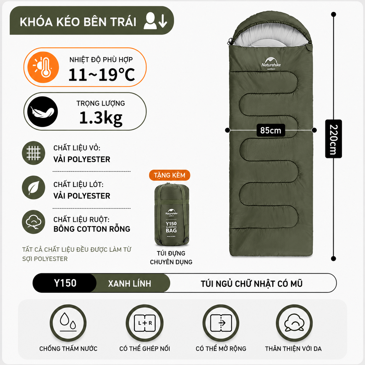 Túi Ngủ Naturehike NH21MSD08 Có Mũ 3 Mùa Y150 Chống Nước Ghép Đôi Túi Ngủ Camping Dã Ngoại