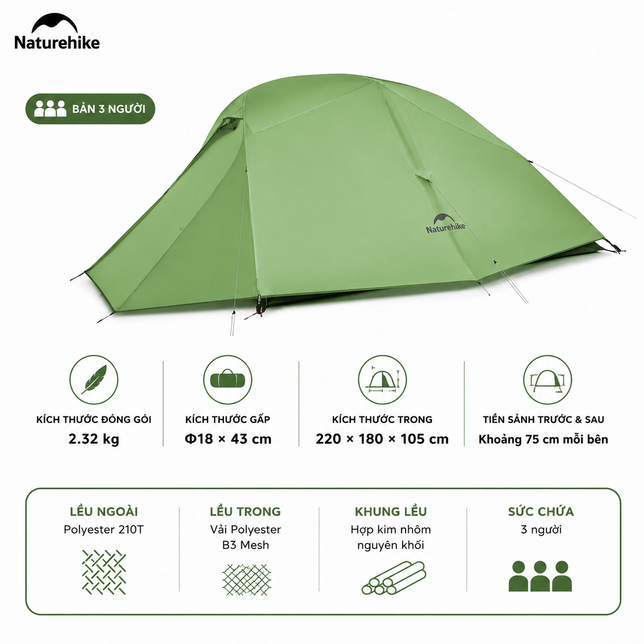 Naturehike CNK2450WS03 - Lều Cắm Trại Siêu Nhẹ 1.9kg dùng cho 2-3 người, Lều Dã Ngoại 2 Lớp Chống Mưa Gió Cloud Up Base 2-3-Person Ultralight Backpacking Tent