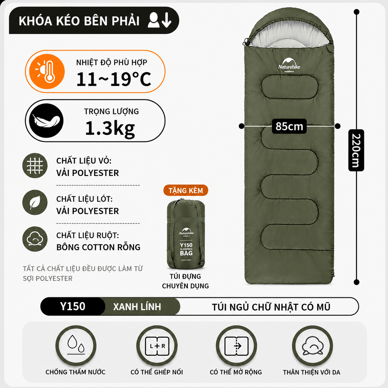 Túi Ngủ Naturehike NH21MSD08 Có Mũ 3 Mùa Y150 Chống Nước Ghép Đôi Túi Ngủ Camping Dã Ngoại