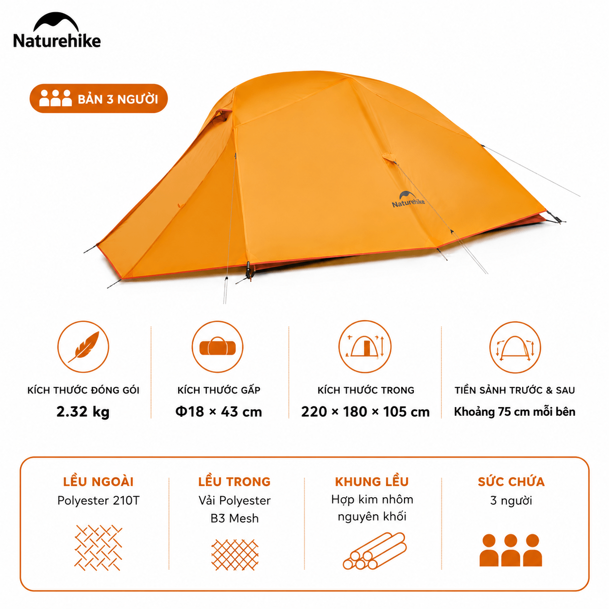 Naturehike CNK2450WS03 - Lều Cắm Trại Siêu Nhẹ 1.9kg dùng cho 2-3 người, Lều Dã Ngoại 2 Lớp Chống Mưa Gió Cloud Up Base 2-3-Person Ultralight Backpacking Tent