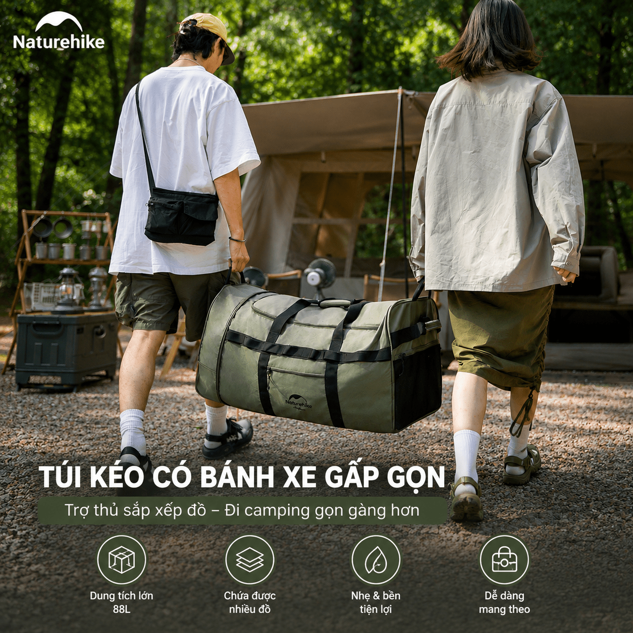 Túi Du Lịch Kéo Naturehike NH21LX003 88L Có Bánh Xe Gấp Gọn Chống Nước Túi Xách Du Lịch Cao Cấp