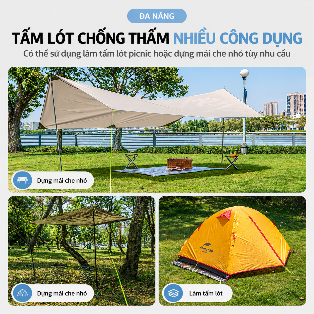 Thảm Picnic Naturehike NH20FCD03 200x200cm Chống Nước Gấp Gọn Thảm Dã Ngoại Cắm Trại Đa Năng Lót Lều