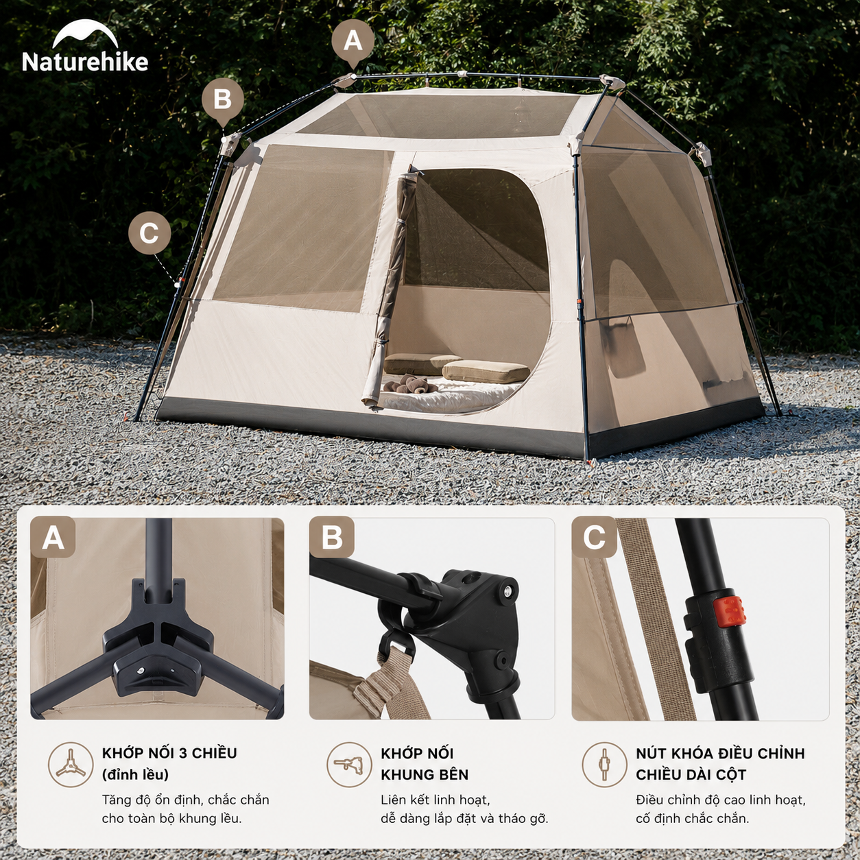 Lều Village 6.0 Tự Bung Cao Cấp Naturehike CNK2550WS043 Cao 1m8, Thiết Kế 2 Lớp Oxford 150D Kết Hợp Polyester 75D Chống Rách (TẶNG KÈM THẢM LÓT)