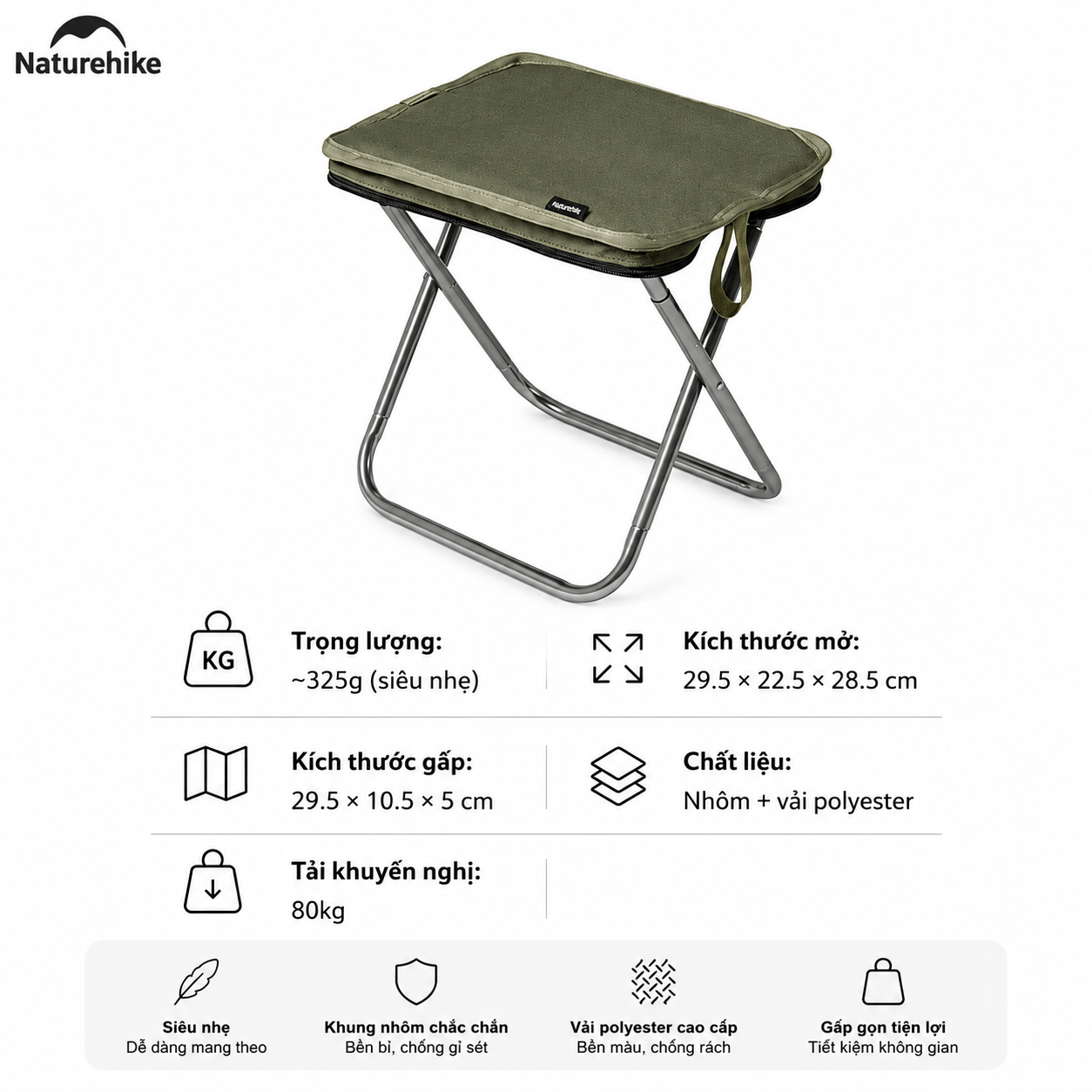 Ghế Camping Mini Naturehike Gấp Gọn Siêu Nhẹ 325g – Ghế Dã Ngoại Câu Cá Picnic
