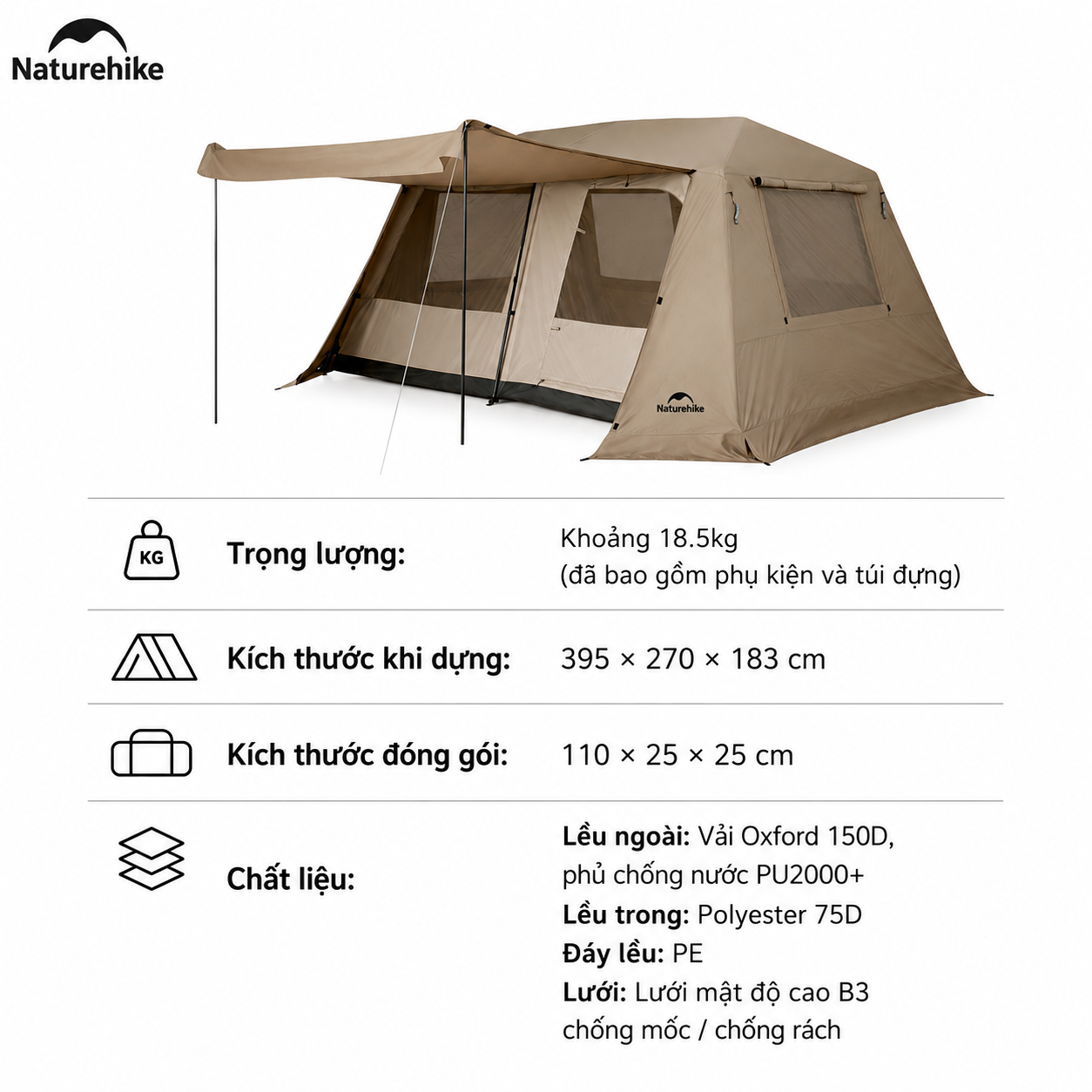 Lều Village 13 Naturehike CNK2550WS042 Tự Bung 4-6 Người, Lều Camping Gia Đình Siêu Rộng 18m² Chống Nắng Chống Mưa (TẶNG THẢM)