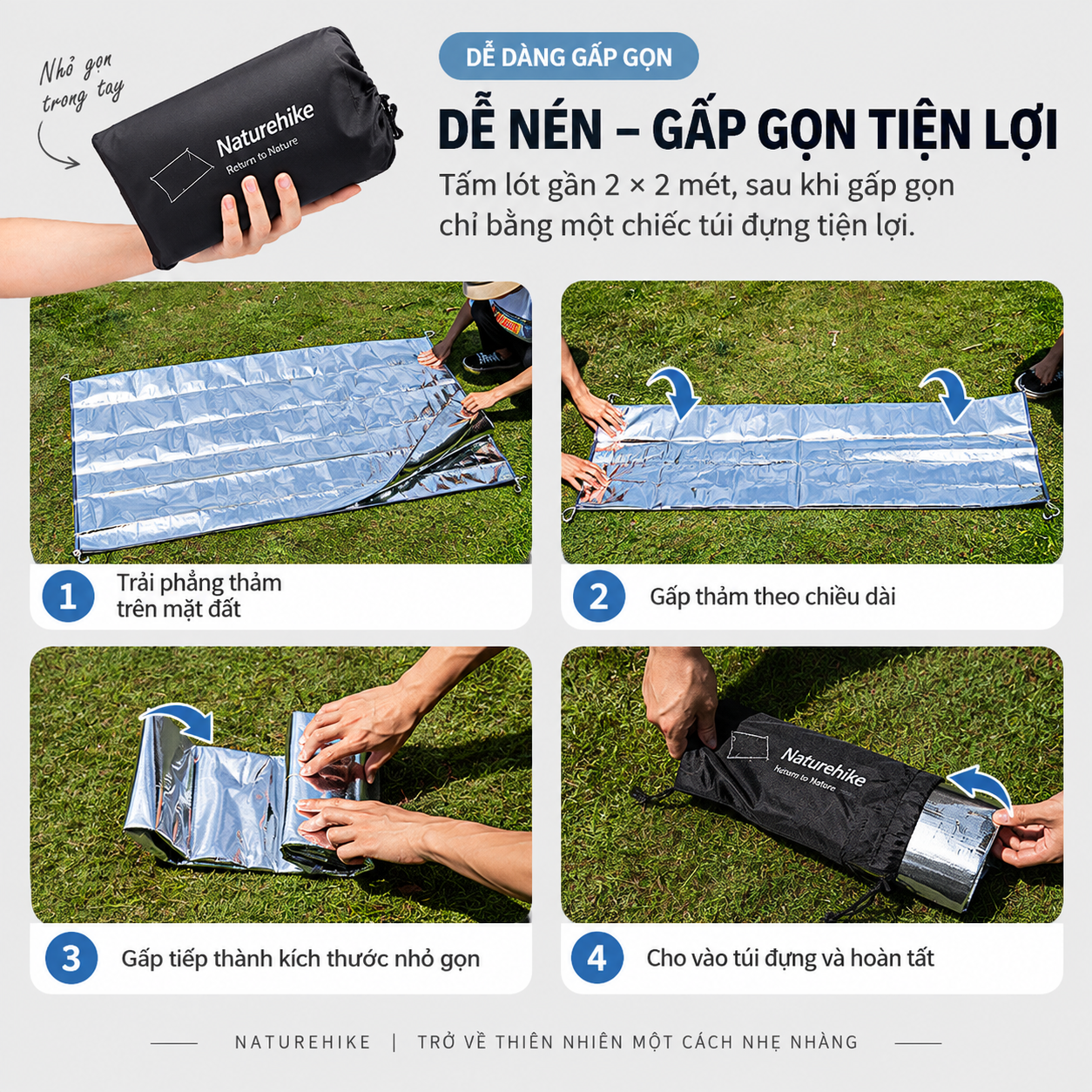 Thảm Picnic Naturehike NH20FCD03 200x200cm Chống Nước Gấp Gọn Thảm Dã Ngoại Cắm Trại Đa Năng Lót Lều