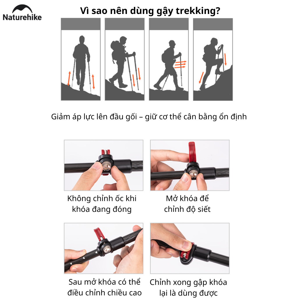 Gậy Trekking Naturehike NH19S010-T Sợi Carbon Siêu Nhẹ 135g Gấp Gọn Điều Chỉnh 57-130cm Leo Núi Dã Ngoại (TẶNG KÈM HỘP)