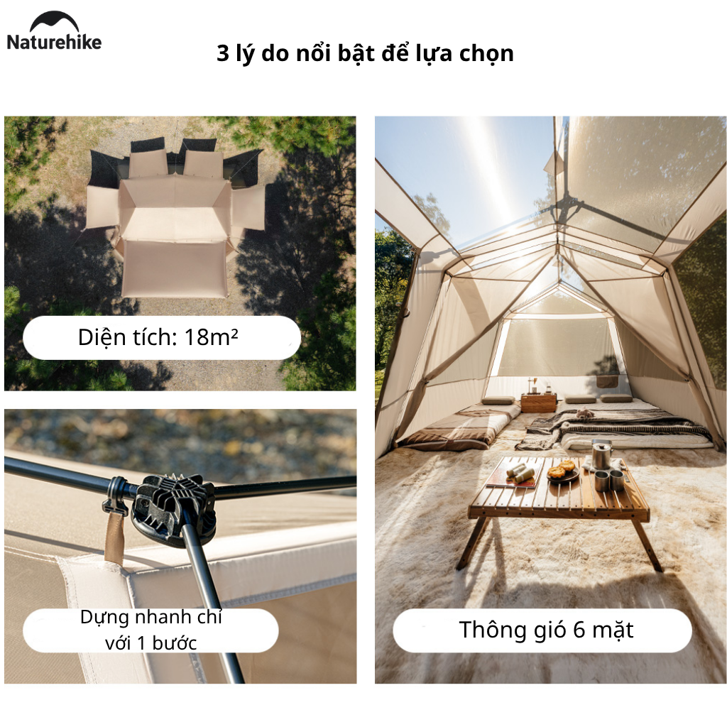 (TẶNG KÈM THẢM)Lều Cắm Trại Naturehike CNK2550WS042 Tự Bung 4-6 Người, Lều Gia Đình Camping Ngoài Trời Siêu Rộng 18m²