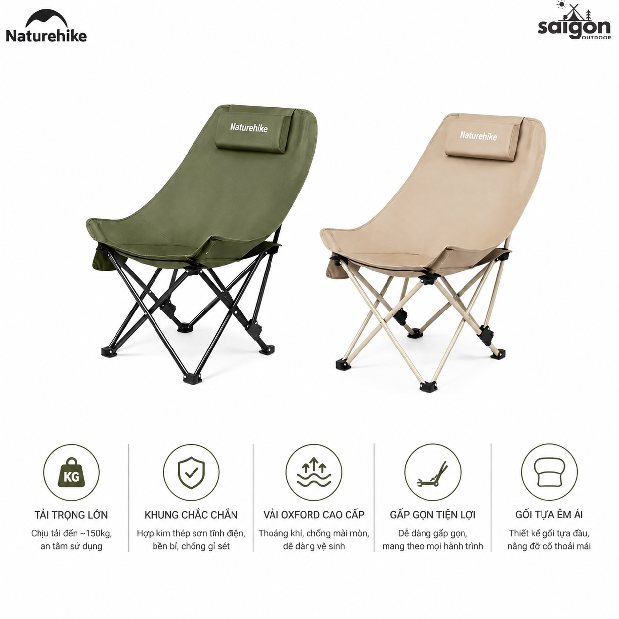 Ghế Xếp Dã Ngoại CNK2550JJ019,20 Naturehike Ghế Camping Ngả Lưng Có Gối Gấp Gọn Khung Thép Carbon