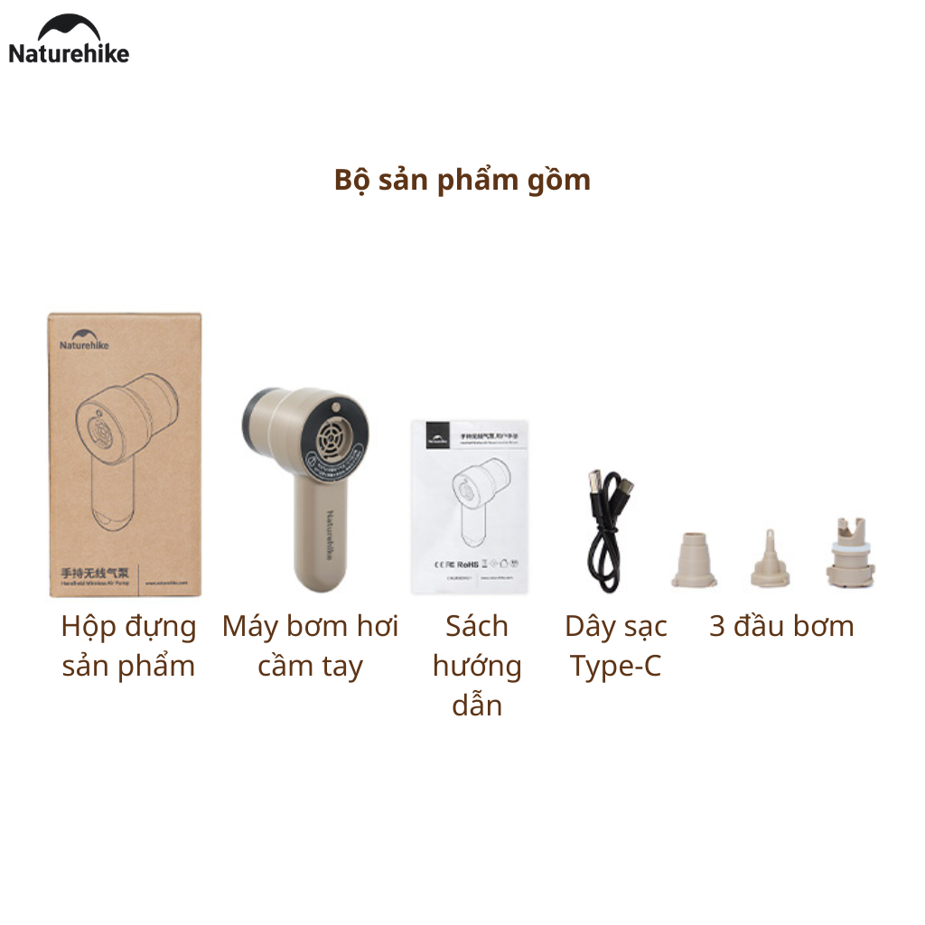 Máy Bơm Hơi Cầm Tay Mini CNK2450ZM017 Naturehike Sạc Type-C Đa Năng