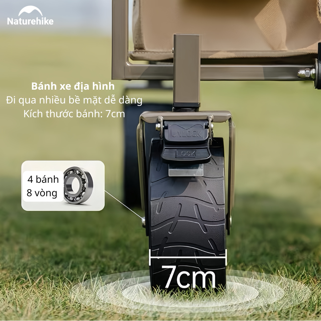Xe Kéo Gấp Gọn CNK2350JJ012 Naturehike - Xe Đẩy Camping Dã Ngoại Có Phanh, Gấp Gọn, Mở Rộng Đuôi Xe