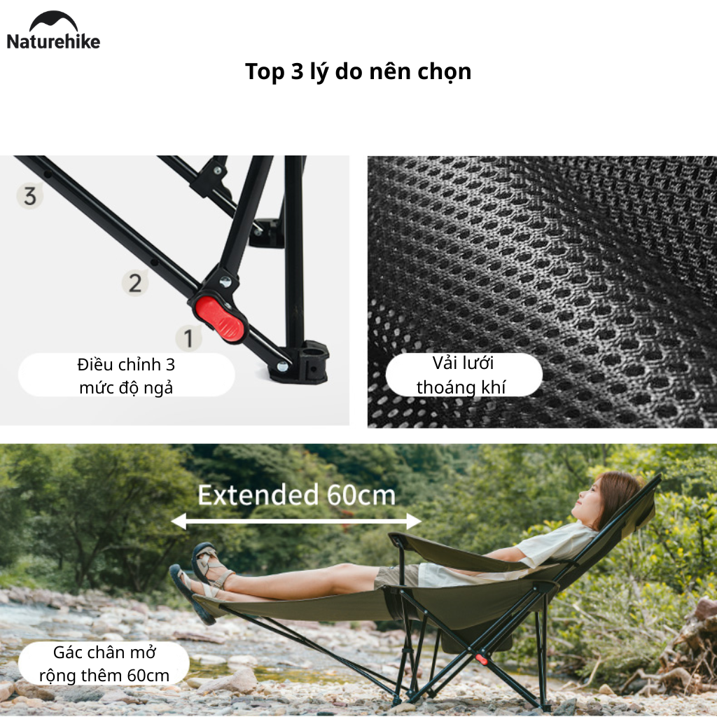 Ghế Xếp Camping Naturehike CNK2550JJ023 Có Gác Chân Lưới Ngả 130° Ghế Dã Ngoại Gấp Gọn Thoáng Khí