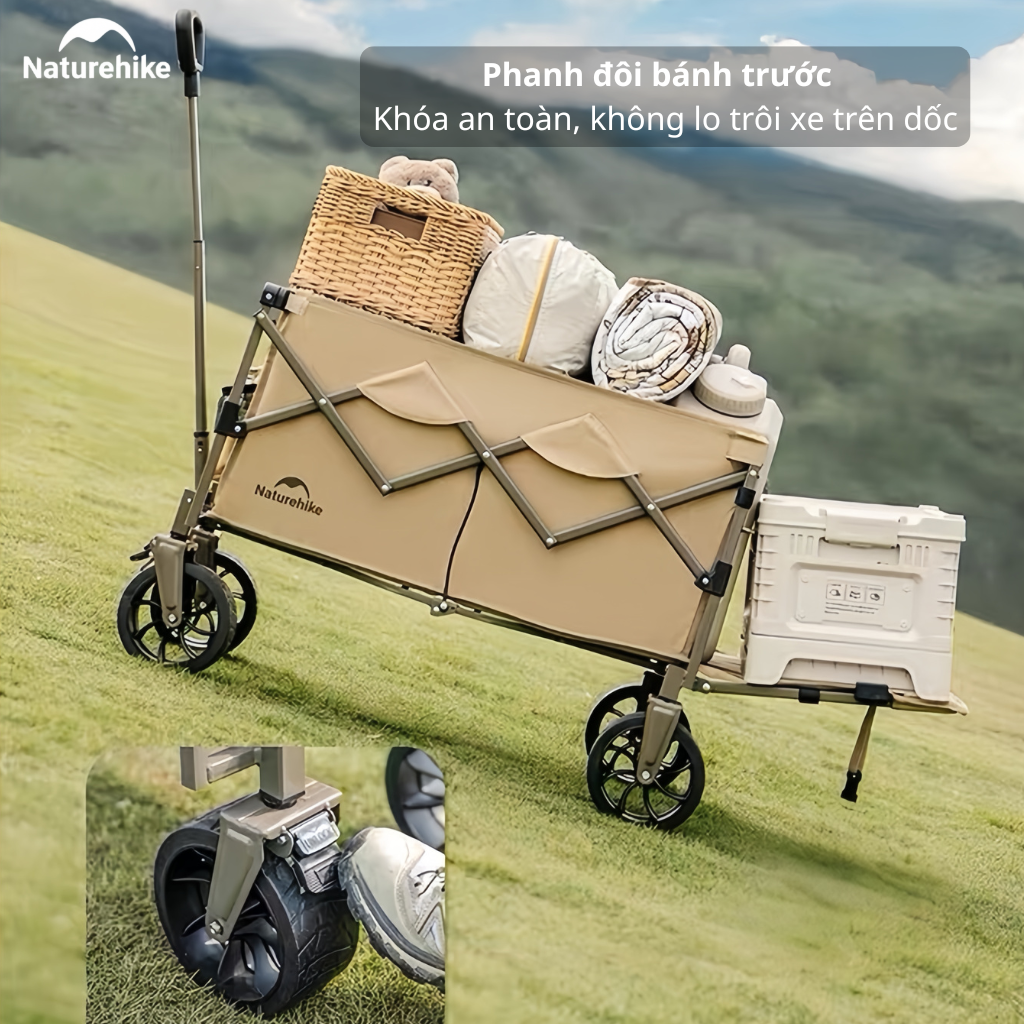 Xe Kéo Gấp Gọn CNK2350JJ012 Naturehike - Xe Đẩy Camping Dã Ngoại Có Phanh, Gấp Gọn, Mở Rộng Đuôi Xe